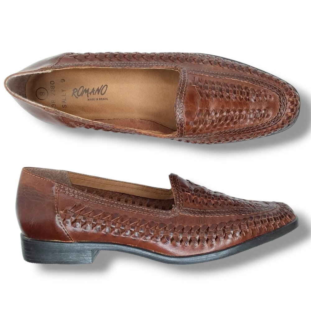 Vtg 90s Romano Woven Leather Loafers Size 8 Chestnut Brown Preppy Normcore NWOT